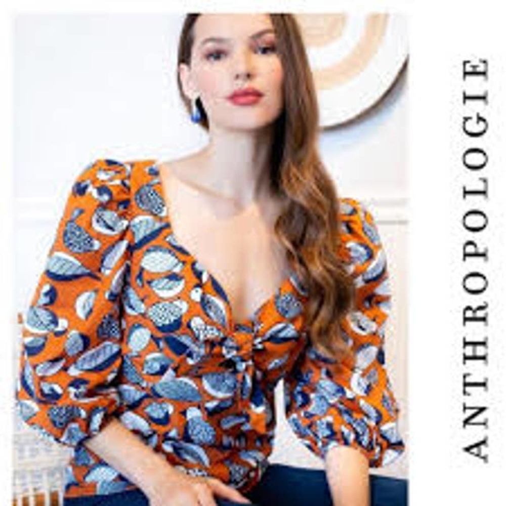 Eva Franco Orange and Blue Leaf-Print Tie-Front Blouse